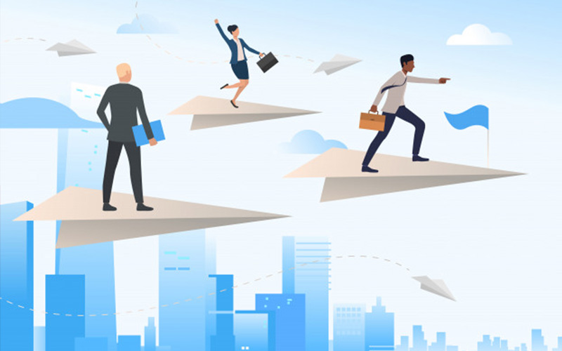 Business team flying with a paper plane—concept business vector illustration. 